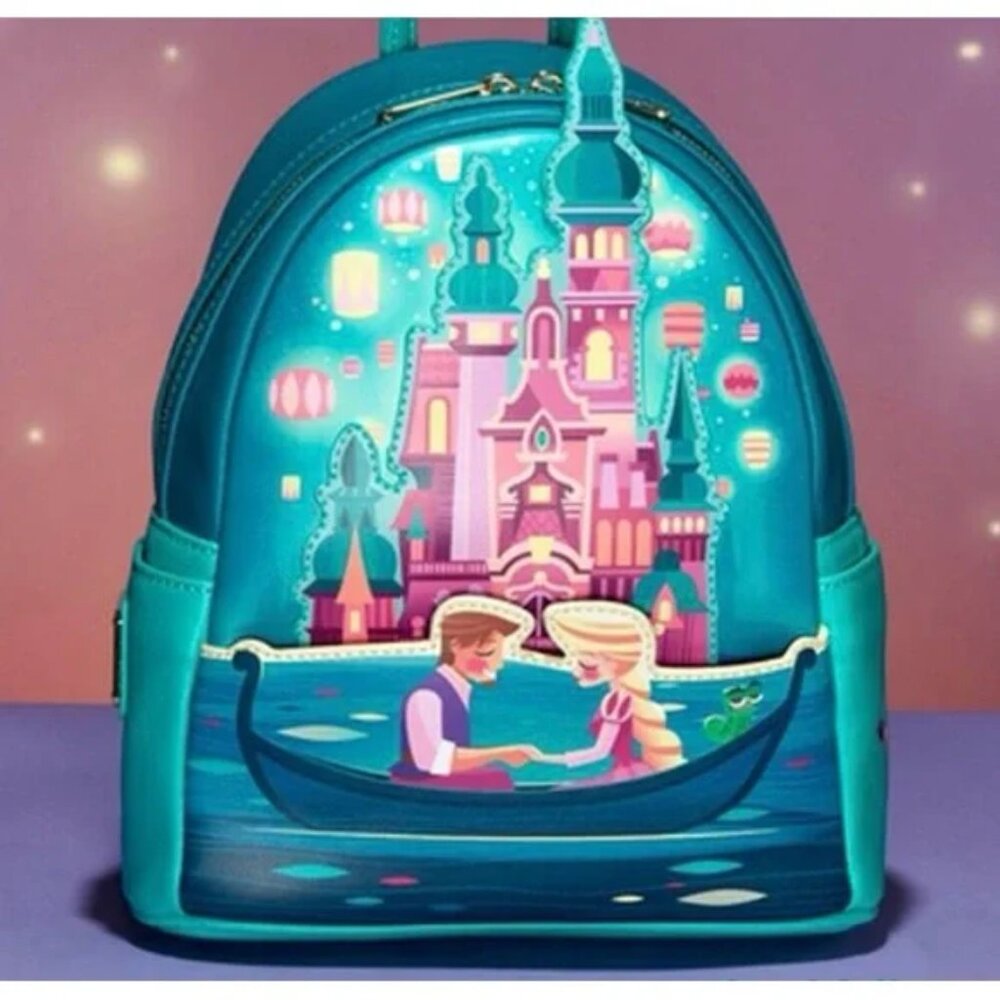 NWT Loungefly Tangled Rapunzel Castle Glow-In-The-Dark Mini Backpack - Picture 3 of 7